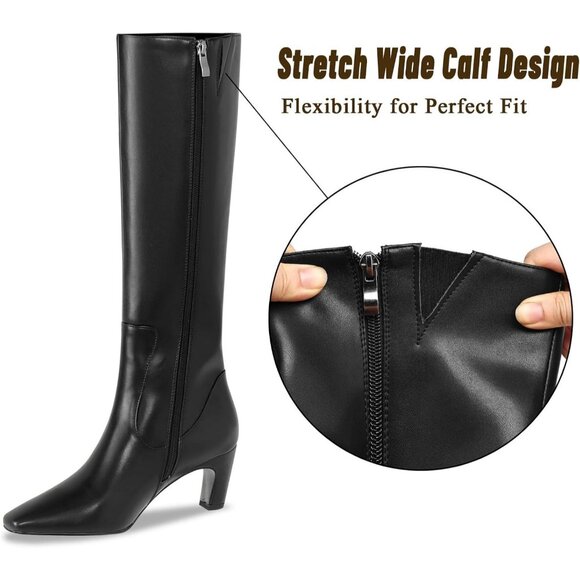 ⚡Women Faux Leather Black Square Toe Chunky Block Heels Side Zipper Boots - Picture 2 of 5